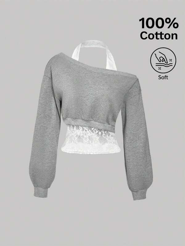 SHEIN MOD Felpa casual da donna per uso quotidiano e pendolarismo, con collo asimmetrico e pizzo a contrasto, morbida e ampia, adatta per primavera/autunno