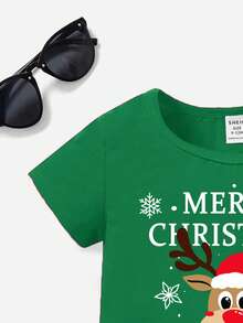SHEIN Top à manches courtes pour bébé garçon, style mode minimaliste classique pour Noël, chaud et confortable, avec motifs d'arbre de Noël, de dessin animé et de renne mignon. Convient pour l'été.