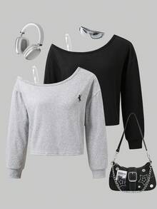 SHEIN Explorewe 2pcs/Set Tween Girl' Solid Color Casual Logo Graphic Oblique Shoulder Long Sleeve Knit T-Shirt, Slouchy, Minimalist & Versatile, Suitable For Autumn/Winter And Spring - Multicolor - View 4