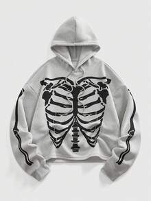 ROMWE MEN Anime Men's Casual Versatile Skull Skeleton Print Long Sleeve Hoodie Sweatshirt - Grey - View 1