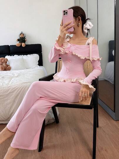 Dream Adore Roze Off Shoulder Camisole Sweet Women Pajama Set Ruffle Verleidelijke view 4