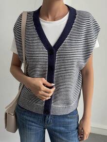 Livesso Women's Striped Sleeveless Sweater Vest, Autumn/Winter - Blue - View 6