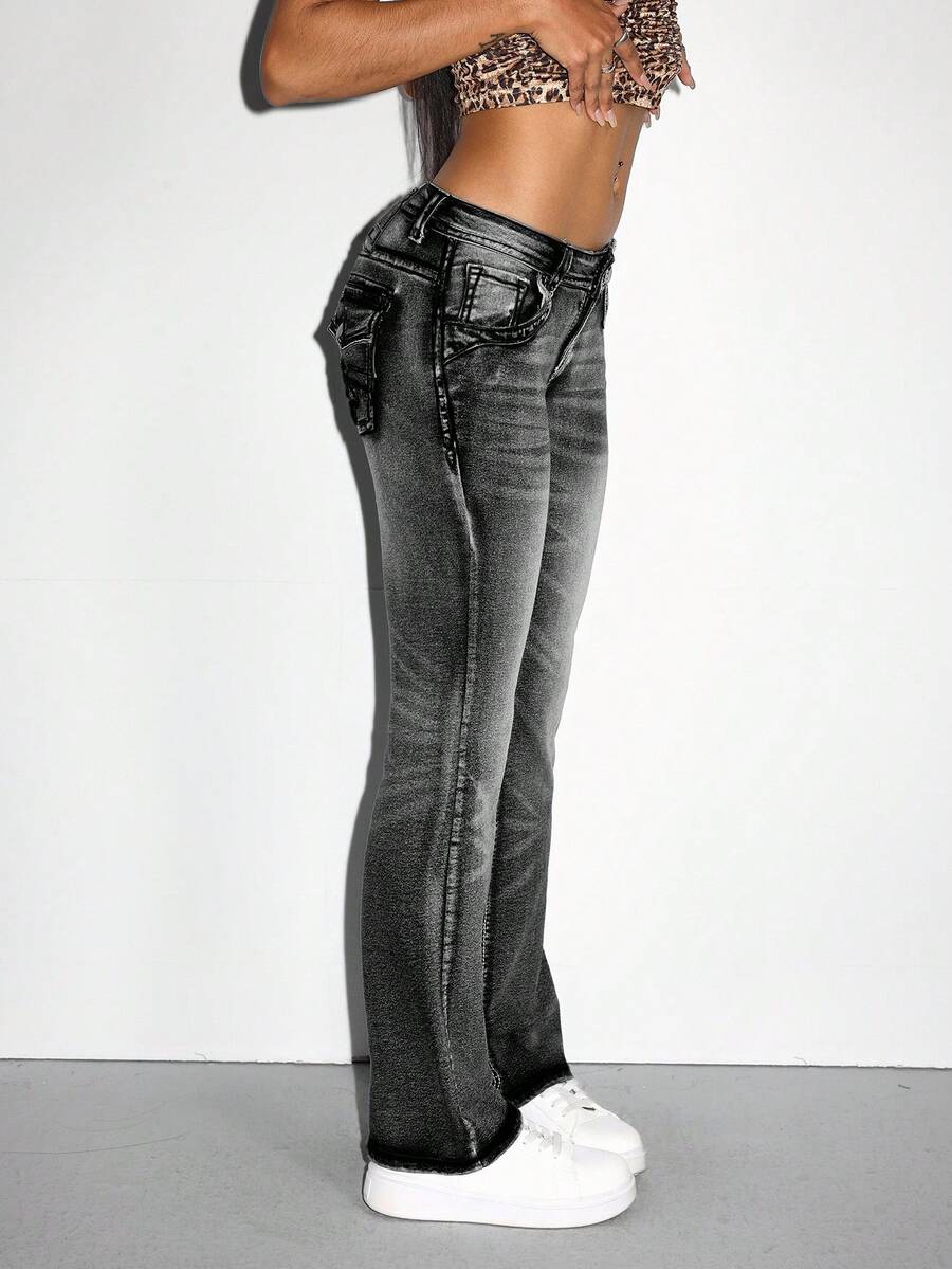 SHEIN PETITE Women's Retro Low-Waist Slim Fit Fashionable Jeans - Grey - View 1