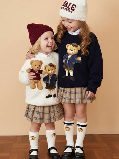 SHEIN Happikins Classic Retro College Style, Cute Cartoon Bear Print, Young Girl Casual Minimalist Comfortable Warm Soft Crew Neck Long Sleeve Pullover Sweater, Suitable For Autumn/Winter Daily Wear, Christmas, New Year, Street Style, Home, Holiday, Campus