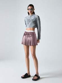 EURMUSE Women's Casual Fashion Street Chic PU Leather Pleated Hem Mini Skirt - Dusty Pink - View 5