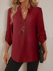 EMERY ROSE Áo kiểu nữ màu trơn, đa năng, họa tiết in toàn thân, cổ chữ V, tay lửng, thích hợp cho mùa xuân/thu, áo sơ mi công sở màu đỏ tía, áo cổ chữ V cho nữ, áo đỏ rượu vang, áo công sở thường ngày, áo đỏ đậm cho nữ, áo thường ngày. - Màu Đỏ Sâu - Xem 5