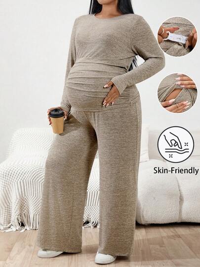 SHEIN 2 st. mammakläder i plusstorlek, enfärgad rund hals, långärmad t-shirt och justerbara byxor i midjan, casual outfit