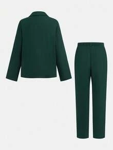 SHEIN 2pcs Tween Boy Summer Casual Preppy Gentleman Outfit, Solid Color Blazer Jacket And Elastic Waist Formal Pants Set, Suitable For Birthday Party, Formal Occasion, Wedding, Christmas, Christmas Party - Dark Green - View 3