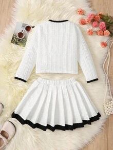 SHEIN Young Girls Elegant Commuter Round Neck Contrast Bow Jacket & Skirt Set - Apricot - View 5