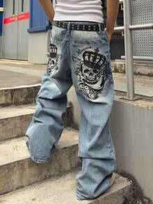 ROMWE MEN Men's Loose Fit Jeans With Skull Embroidery Design - Medium Wash - View 2