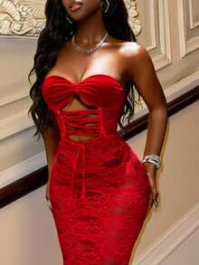 Slaydiva 春夏新款蕾丝连衣裙，细肩带，交叉露背设计，鱼尾下摆，优雅性感，适合派对、约会、宴会、休闲装、度假、游轮、海滩、日光浴 - 紅色 - 查看 6