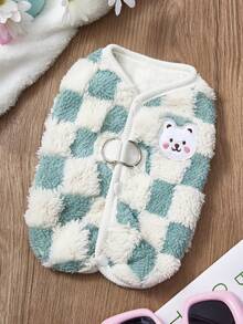 PETSIN 1件蓝白格子羊毛无袖猫狗背心，厚实保暖，适合秋冬 - 藍色 - 查看 1