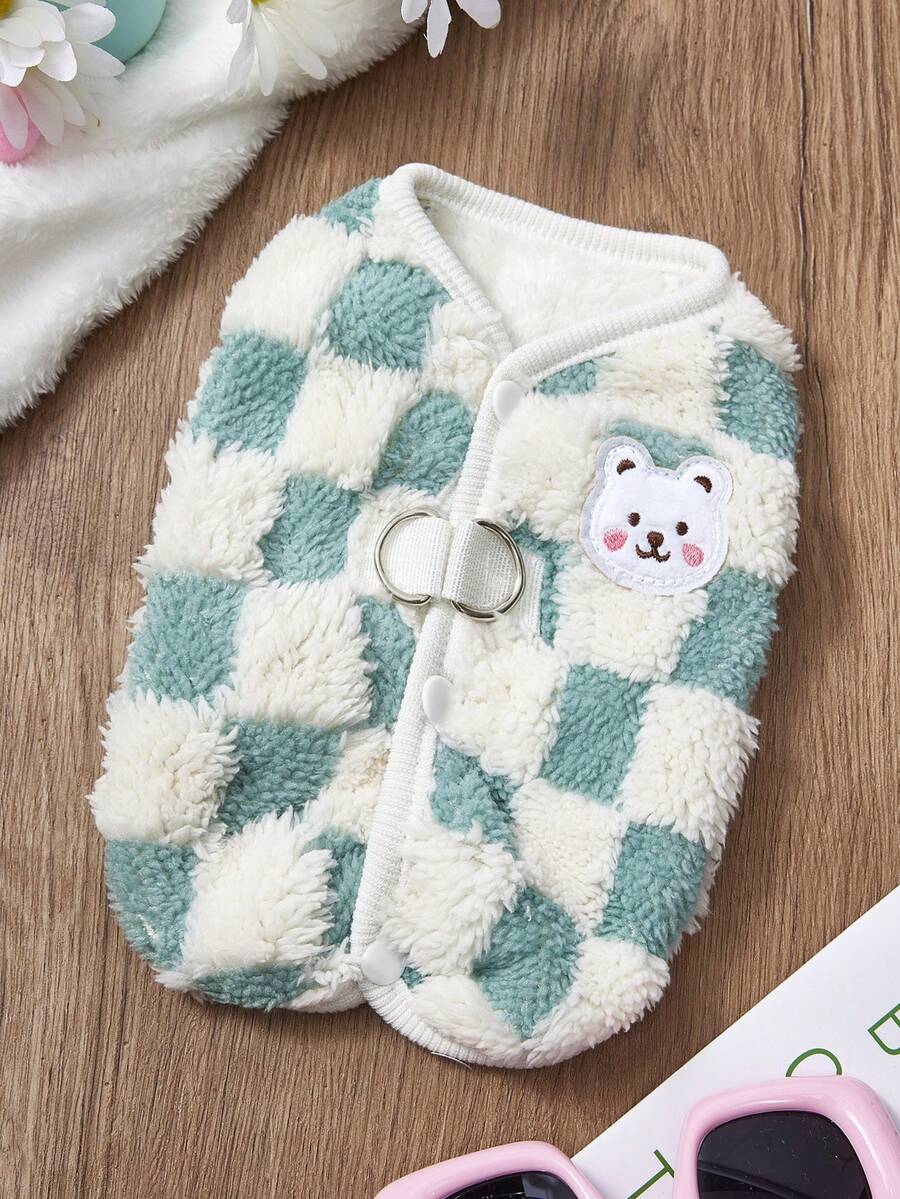 PETSIN 1件蓝白格子羊毛无袖猫狗背心，厚实保暖，适合秋冬 - 藍色 - 查看 1