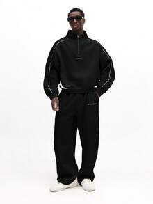 Áo nỉ dáng ngắn SUMWON cổ lửng, khóa kéo ¼, viền trắng tương phản và kiểu cổ cao nửa khóa kéo, thích hợp mặc thường ngày. - màu đen - Xem 3