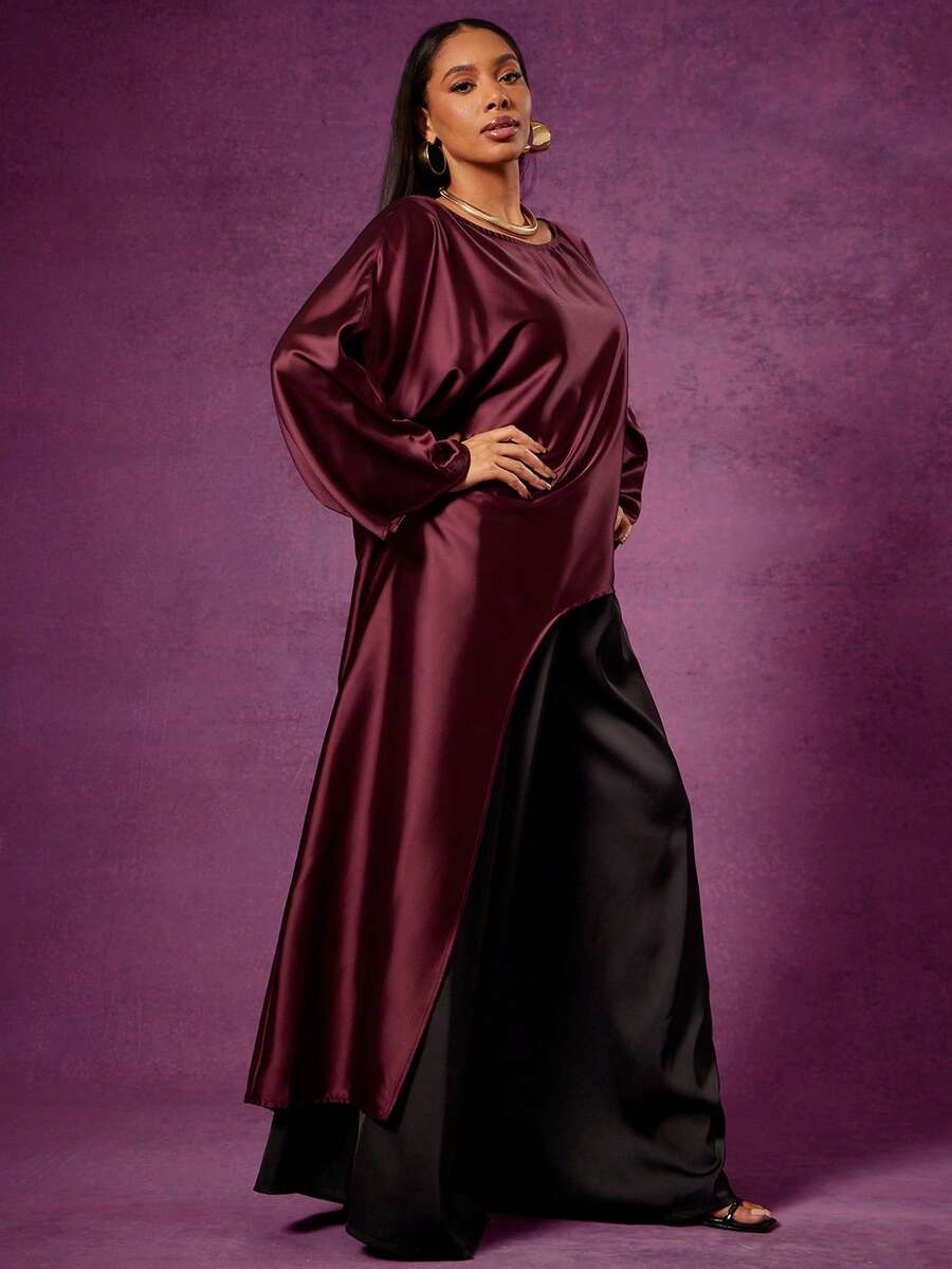 Vixey Solid Satin Asymmetrical Hem Mock Neck Long Sleeve Maxi Top - Burgundy - View 1