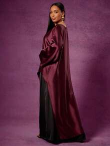 Vixey Solid Satin Asymmetrical Hem Mock Neck Long Sleeve Maxi Top - Burgundy - View 5