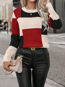SHEIN LUNE Women's Contrast Color Crew Neck Long Sleeve Casual Sweater, Autumn/Winter - Multicolor - View 4
