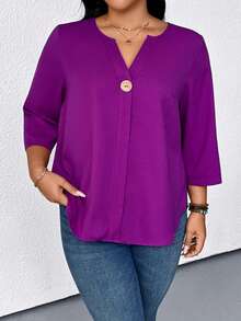 EMERY ROSE Plus Size Casual V-Neck Short Sleeve Women Blouse, Elegant Shirt - Purple - View 4