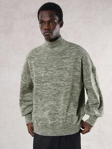 DAZY Men's High Neck Khaki Green Floral Mesh Sweater, Autumn - Green - View 1