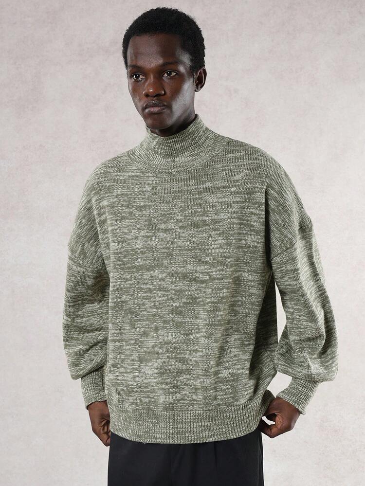 Men's High Neck Khaki Green Floral Mesh Sweater, Autumn