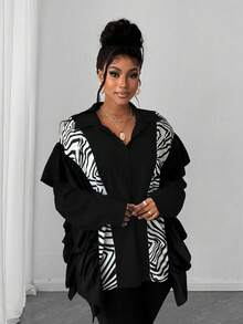 Maweii Plus Size Autumn Casual Patchwork Zebra Print Ruffle Trim Front Button Shirt - Black - View 4
