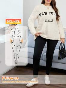 SHEIN LUNE Plus Size Women's Beige 2 Pieces Set Winter Casual School Independence Day Letter Embroidery Fleece Sweatshirt&Black Leggings New York Streetwear - Multicolor - View 9