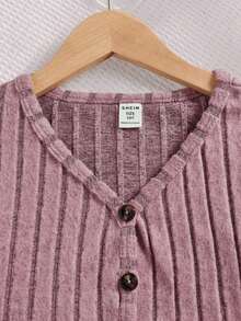 SHEIN NovaGlow 儿童少女碎花吊带连衣裙和纽扣短开衫两件套，舒适针织面料，秋冬款 - 藕粉色 - 查看 6