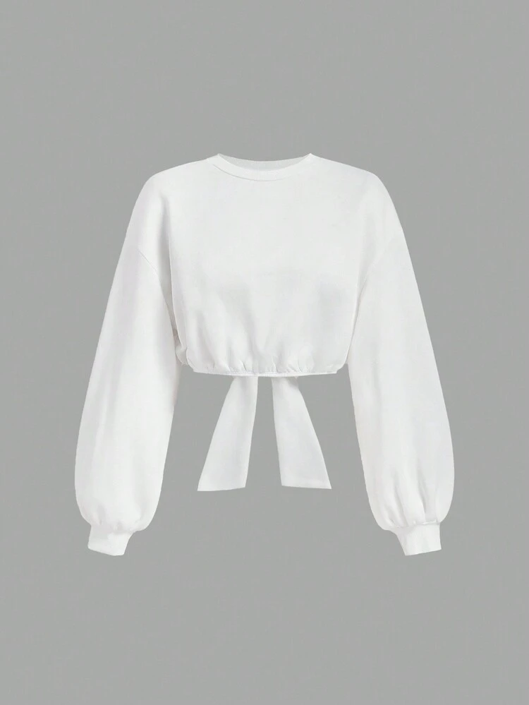 SHEIN MOD Women White Long Sleeve Casual Sweatshirt With Large Back Bow, Back To School, White Top, Preppy Tops, Women Sweatshirts In Fall/Winter - White - View 2