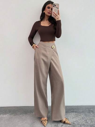 Firerie Women's Elegant Casual Office Commute Pants, Mid-Waist Asymmetrical Waistband, Khaki Gray Bamboo Texture Fabric, Metal Buckle Decor Wrap Pants, Loose Straight Leg Trousers, Autumn/Winter New Women's Clothing, Khaki Gray Pants, Casual Pants, Elegant Pants, Winter Clothes For Women, Fall Outfits
