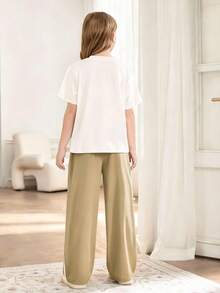 Conjunto de 2 piezas de top con lazo de strass y pantalones con lazo a rayas para niñas, moda callejera - Caqui - Ver 4