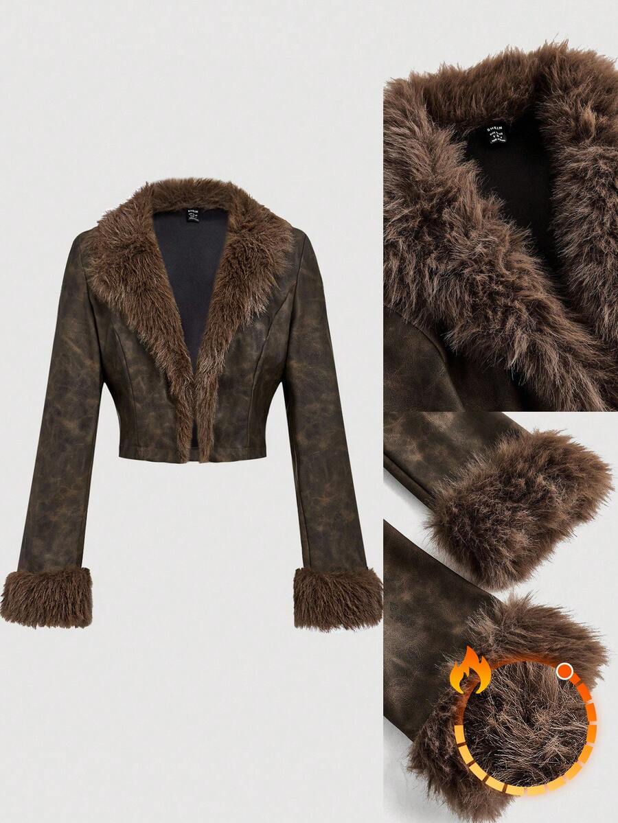 SHEIN MOD Brown PU Patchwork Fuzzy Cropped Jacket,Winter Women Coat,Warm Clothes,Leather Jacket,New Years Eve Outfit,Holiday Outfits, New Year - Brown - View 1