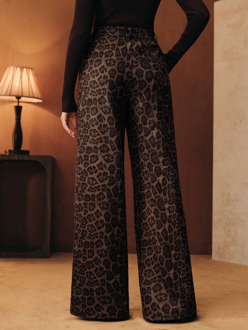 Women's Dark Brown Leopard Print Straight-Leg Pants,Elegant Winter Office Fashion,Versatile Elastic Waist Trousers For Fall,Business Casual,Chic