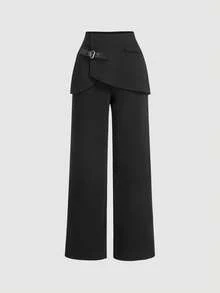 SHEIN MOD 女式二合一裤子，皮革扣饰，黑色直筒裤，返校季，黑色正装裤，秋季裤