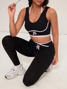 Medorelle Bộ đồ tập yoga 2 món viền đen trắng dành cho nữ - màu đen - Xem 4