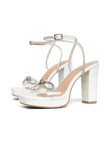 CUCCOO SZL Women's Fashion Rhinestone Ankle Strap Chunky Heel Sandals, Suitable For Dates, Gatherings, Parties, Weddings And Other Occasions - White - View 4