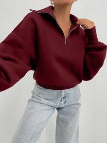 EURMUSE Sudadera oversize de 100% algodón con cuello con cremallera y estampado - Burdeos - Ver 3