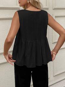 SHEIN LUNE 黑色无袖圆领荷叶边衬衫，适合日常休闲穿着，纯棉夏季上衣，100%纯棉，黑色无袖上衣，秋季上衣，休闲款。 - 黑色 - 查看 3