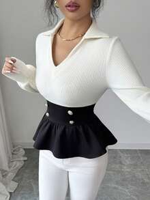 Elenzga Elegant Fashionable Minimalist Ruffle Hem White Knit Patchwork Blouse, Suitable For Party, Family Gathering, Christmas, Halloween, Valentine's Day, New Year, Commuting And Casual Wear, Autumn/Winter - Black and White - View 3
