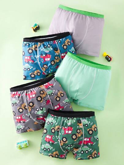 5-Pack Set, Multi-Color Classic Excavator-Themed Color-Blocked Basic Style Boxer Briefs For Teenage Boys, Comfortable And Soft Boxer Briefs.