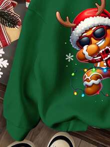 Tween Boy Casual Minimalist Fashion Classic Christmas Warm & Comfortable Cartoon Gingerbread Man & Christmas Pattern Thick Hooded Sweatshirt, Suitable For Autumn/Winter - Dark Green - View 6