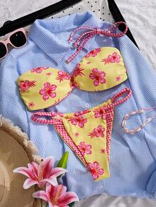 Swim Mod Conjunto de Maiô Bikini Bandeau Reversível com Estampa Floral Feminino - Multicolorido - Visão 6