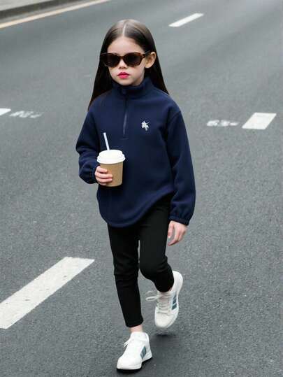 Genkimix Kids Young Girls Thermal Lined Hoodie & Leggings 2-Piece Set, Minimalist Streetwear Style Zip-Up Sweatshirt And Solid Color Knit Leggings, Khaki Hoodie And Black Leggings Set For School, Vacation, Travel, Outdoor Sports, Back To School