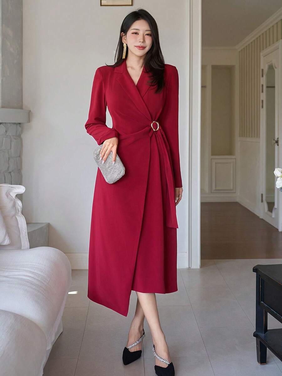 DAZY Women's Elegant Solid Color Asymmetric Belted Midi Dress With Blazer Collar, Autumn/Winter - Burgundy - View 1