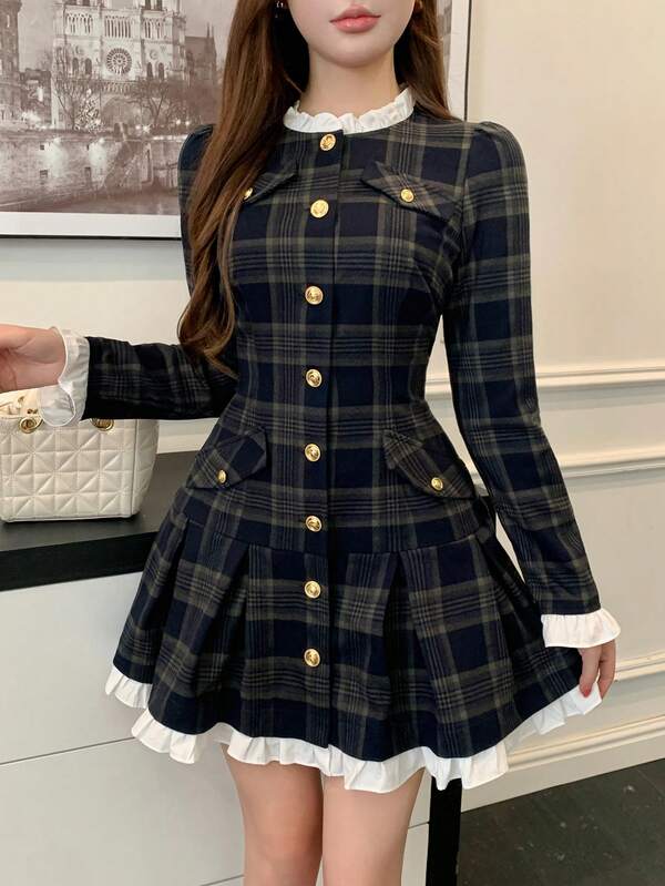 DAZY Vestido corto de estilo elegante con mangas abullonadas, bolsillo falso, volantes y estampado de empalme, otoño