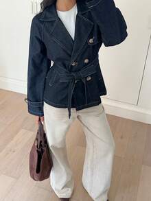 Siren Gaze French-Style Elegant Denim Jacket With A Vintage Trench Coat And Bow Belt Autumn And Winter Coat - Dark Wash - View 6