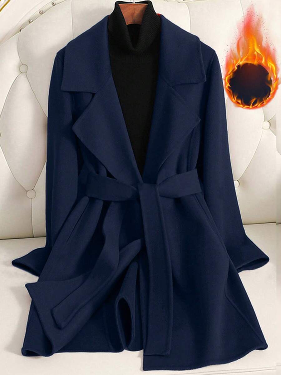 EMERY ROSE Women Solid Color Waist Belt Elegant Long Sleeve Overcoat, Autumn/Winter Black Coat Women - Navy Blue - View 1