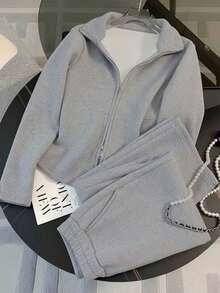 Franclia Bộ đồ thể thao thường ngày mới thu đông 2025 dành cho nữ, áo hoodie lông cừu đơn giản thời trang có khóa kéo và quần ống rộng 2 món - Xám - Xem 5
