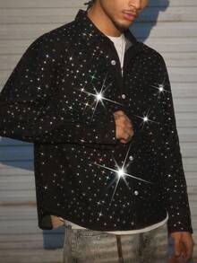 AXEPEAK Men's Autumn Rhinestone Embellished Single-Breasted Casual Denim Jacket, Long Sleeve Top - Black - View 5