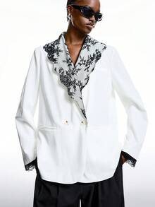 LYSMO 2025新款极简主义冬季女士蕾丝拼接撞色双排扣长袖西装外套，休闲女士西装外套，新年、派对、优雅女士，白色，适合新年夜女士西装外套，白色蕾丝细节西装外套，印花翻领西装外套，黑白西装外套 - 黑與白 - 查看 3