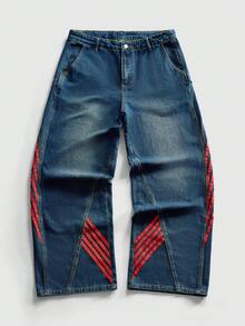 ROMWE MEN Jeans casuales de hombre con parches y contraste de colores con bolsillos - Azul - Ver 1
